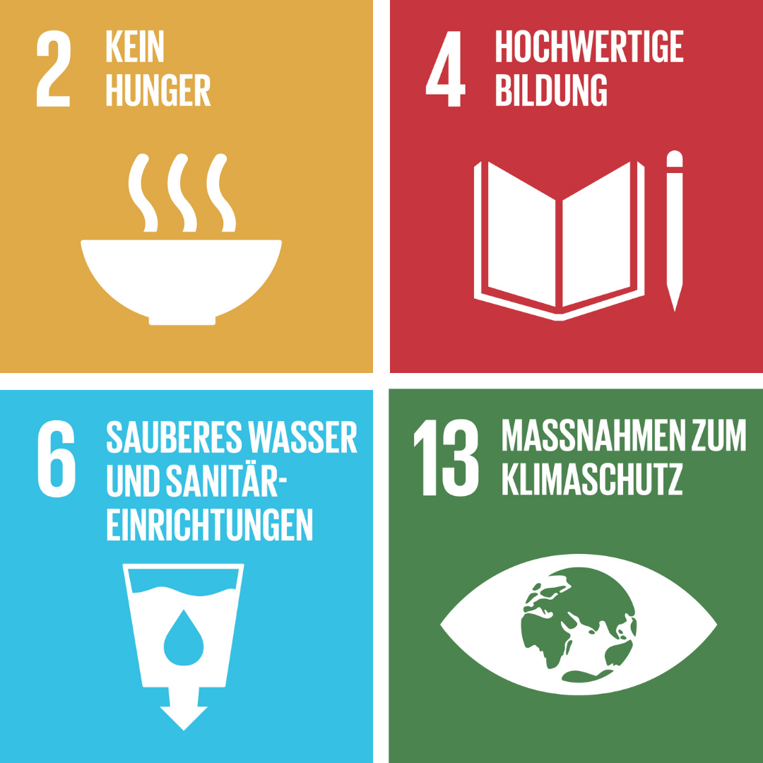 Symbolhaft sind vier Nachhaltigkeitsziele (SDG) der UN dargestellt: Kein Hunger, Hochwertige Bildung, Sauberes Wasser und Maßnahmen zum Klimaschutz