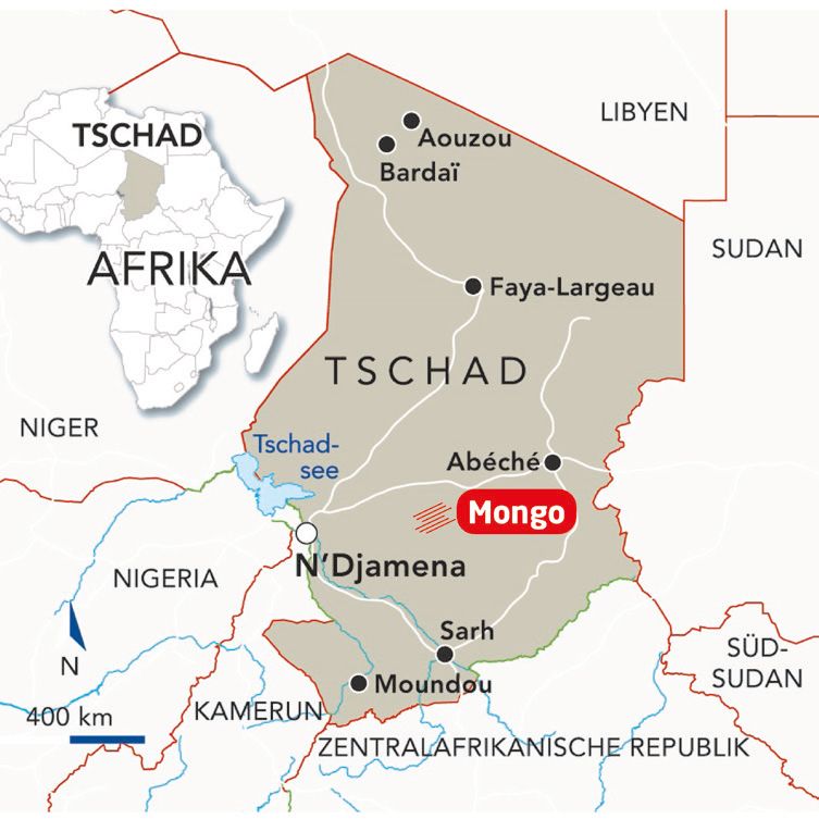 Landkarte vom Tschad, markiert ist das Vikariat Mongo, östlich der Hauptstadt N'Djamena.